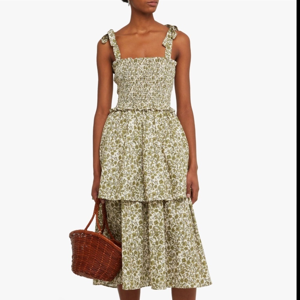 o.p.t Tie Strap Tiered Green Floral Cotton Midi Dress